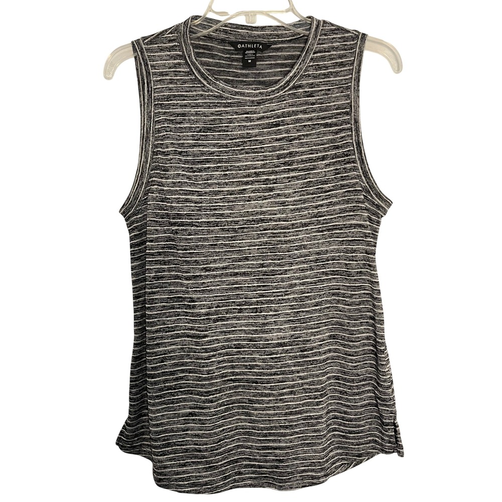Athleta Breezy Medium Tank Top Black White Space Dye Striped Crew Neck